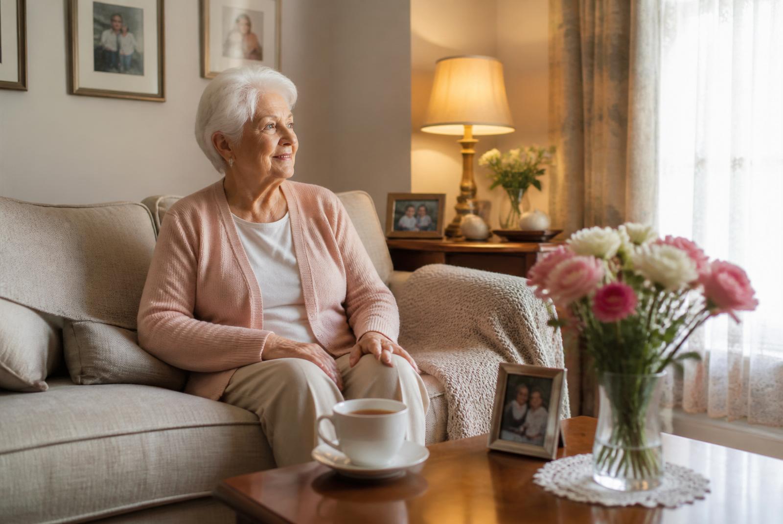 An older adult couple sitting together on a linen sofa in a cozy, sunlit living room, smiling at each other